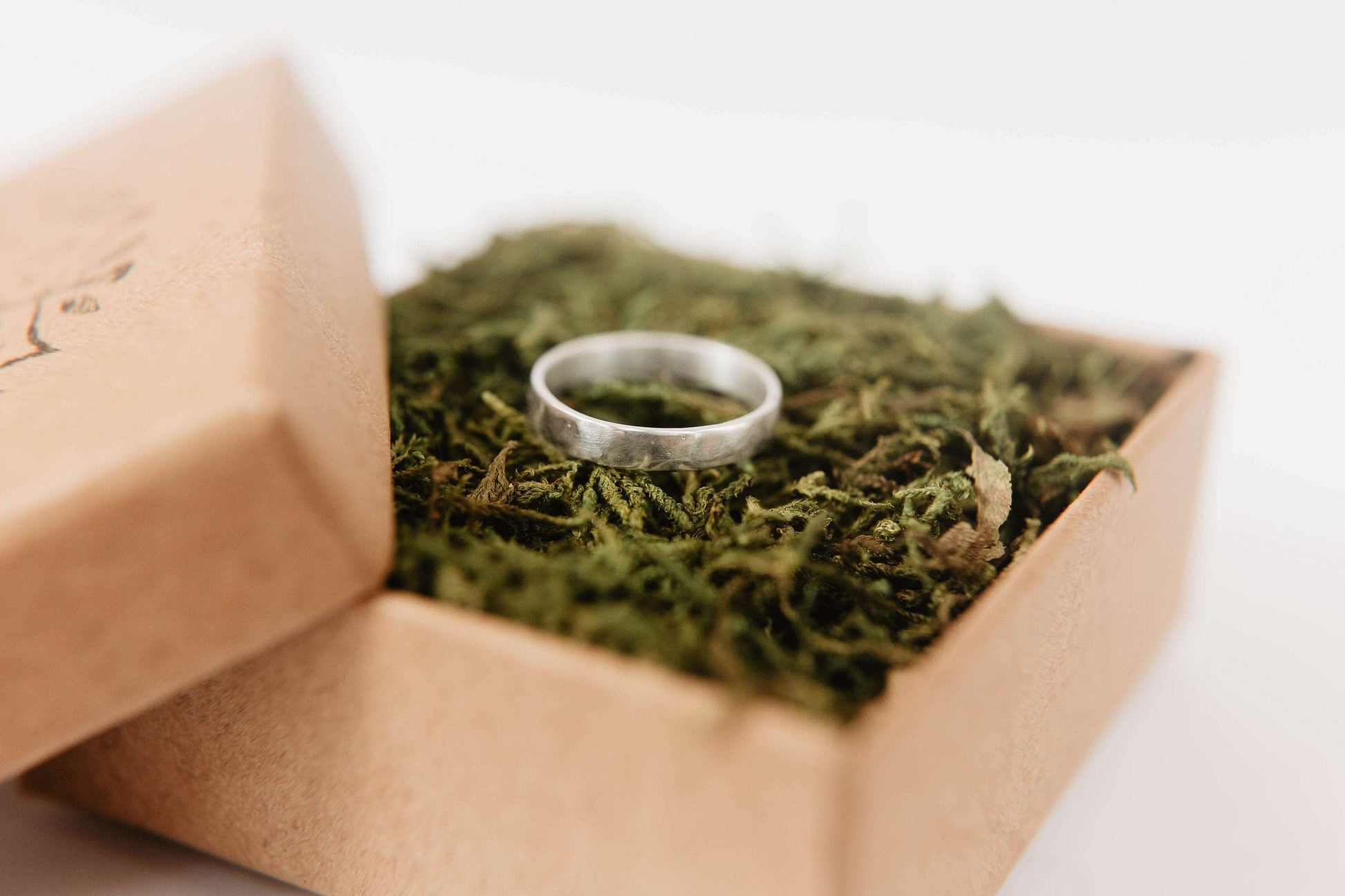 Womens sterling silver wedding band. This photo shows a lightly faceted silver ring. (horizontal in ring box with moss))