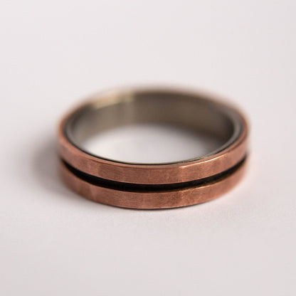 Mens Copper Wedding Band. This photo shows a lightly faceted dual copper ring with a black zirconium liner. (Horizontal with white background)