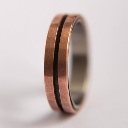 Mens Copper Wedding Band. This photo shows a lightly faceted dual copper ring with a black zirconium liner. (Vertical with white background)