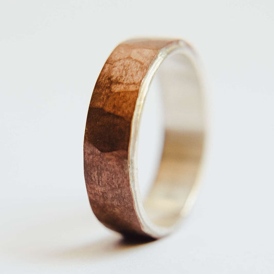 Rustic Mens Copper and Silver Wedding Band. This photo shows a ring with copper exterior and silver interior (Vertical with white background)