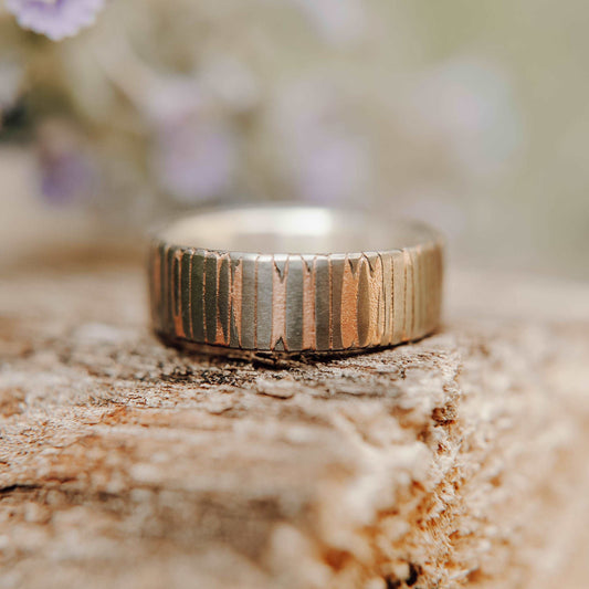 Superconductor wedding band. This photo shows an etched titanium-niobium and copper striped ring with silver liner. (Horizontal with nature background)