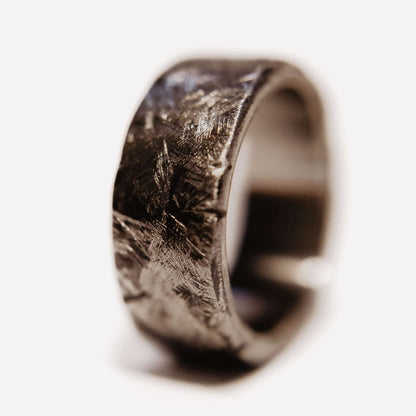 Handmade Tungsten Wedding Band. This photo shows a battle worn, scratched, and gashed 10mm tungsten ring. (Vertical with white background)