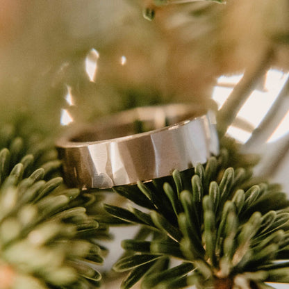 Mens titanium wedding band. This photo shows a lightly faceted gray titanium ring. (Horizontal with pine background)