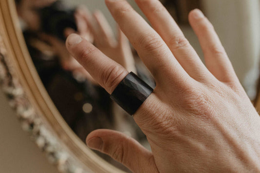 African Blackwood Ring, Dark lightly faceted wide wood ring. (shown on hand)