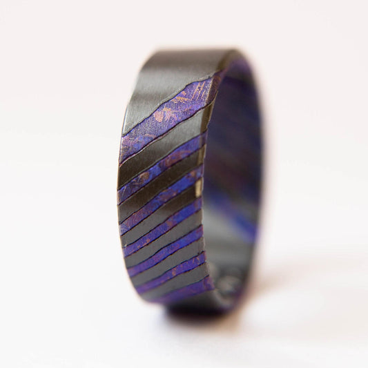 Violet Crystallized Titanium and Zirconium Damascus Wedding Band, Mens Black Ring, Titanium Ring, Mens Wedding Band, Unique Wedding Band