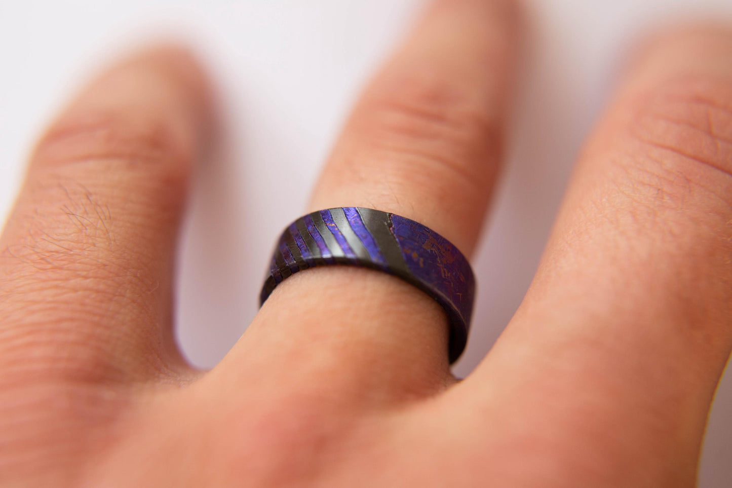 Violet Crystallized Titanium and Zirconium Damascus Wedding Band