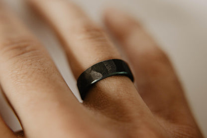 Distressed Black Zirconium Handcrafted Wedding Band, Anodized Aqua Interior, Mens Black Wedding Band, Mens Black Ring, Unique Blue Ring