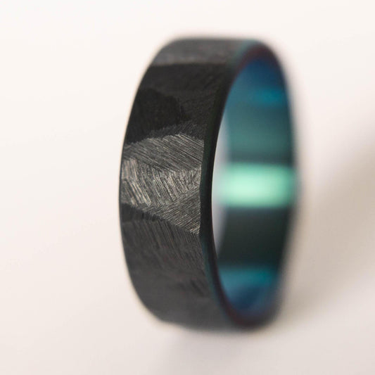 Distressed Black Zirconium Handcrafted Wedding Band, Anodized Aqua Interior, Mens Black Wedding Band, Mens Black Ring, Unique Blue Ring