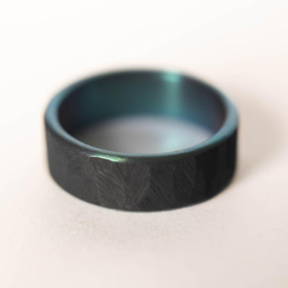Distressed Black Zirconium Handcrafted Wedding Band, Anodized Aqua Interior, Mens Black Wedding Band, Mens Black Ring, Unique Blue Ring