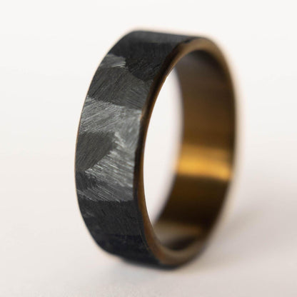 Distressed Black Zirconium Handcrafted Wedding Band, Anodized Bronze Interior, Mens Black Wedding Band, Mens Black Ring, Black and Gold Ring