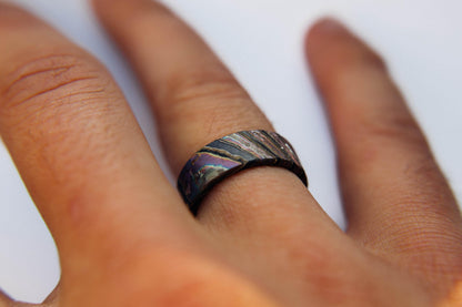 Iridescent Flame Anodized Crystallized Titanium and Zirconium Damascus Wedding Band