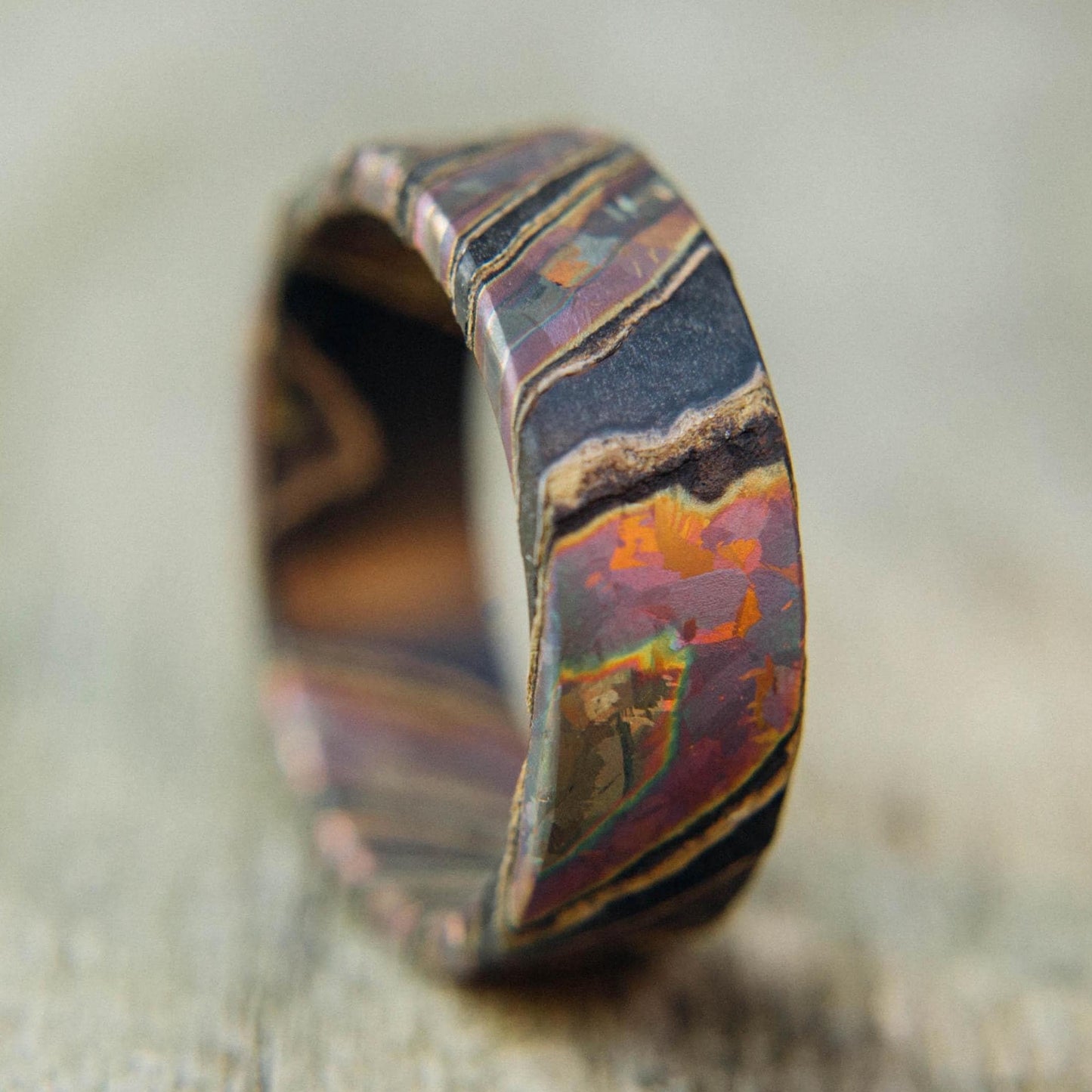Iridescent Flame Anodized Crystallized Titanium and Zirconium Damascus Wedding Band