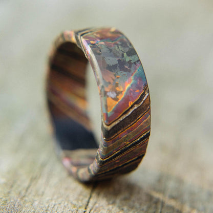 Iridescent Flame Anodized Crystallized Titanium and Zirconium Damascus Wedding Band