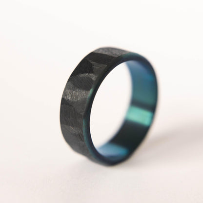 Distressed Black Zirconium Handcrafted Wedding Band, Anodized Aqua Interior, Mens Black Wedding Band, Mens Black Ring, Unique Blue Ring