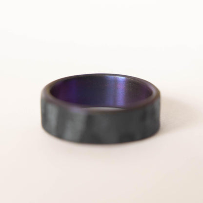 Distressed Black Zirconium Handcrafted Wedding Band, Anodized Violet Interior, Mens Black Wedding Band, Mens Black Ring, Unique Purple Ring