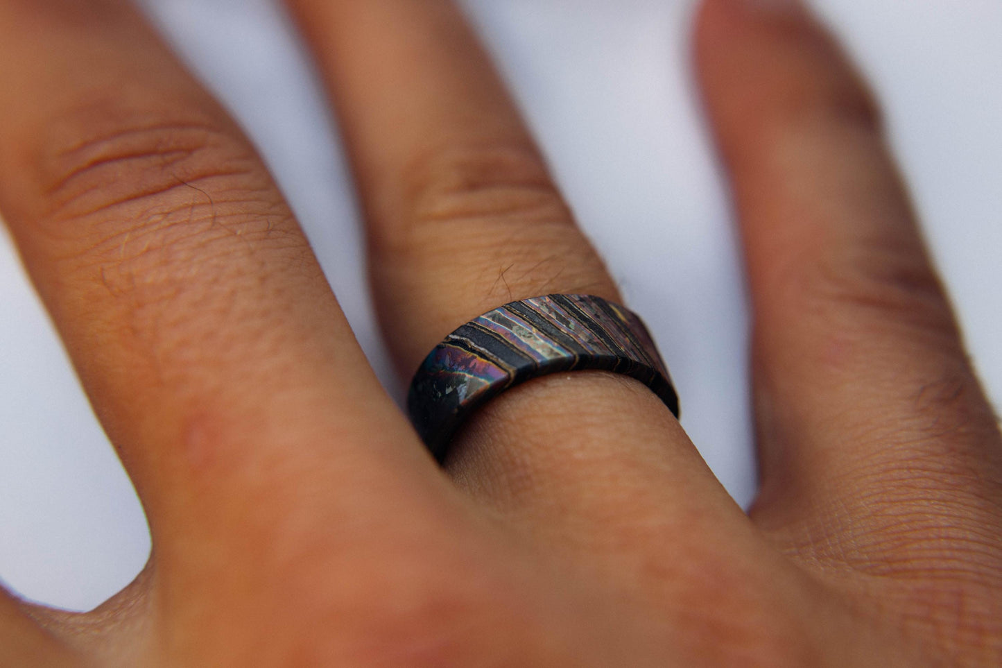 Iridescent Flame Anodized Crystallized Titanium and Zirconium Damascus Wedding Band