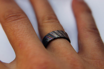 Iridescent Flame Anodized Crystallized Titanium and Zirconium Damascus Wedding Band