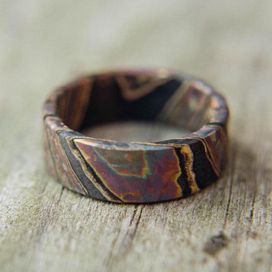 Iridescent Flame Anodized Crystallized Titanium and Zirconium Damascus Wedding Band