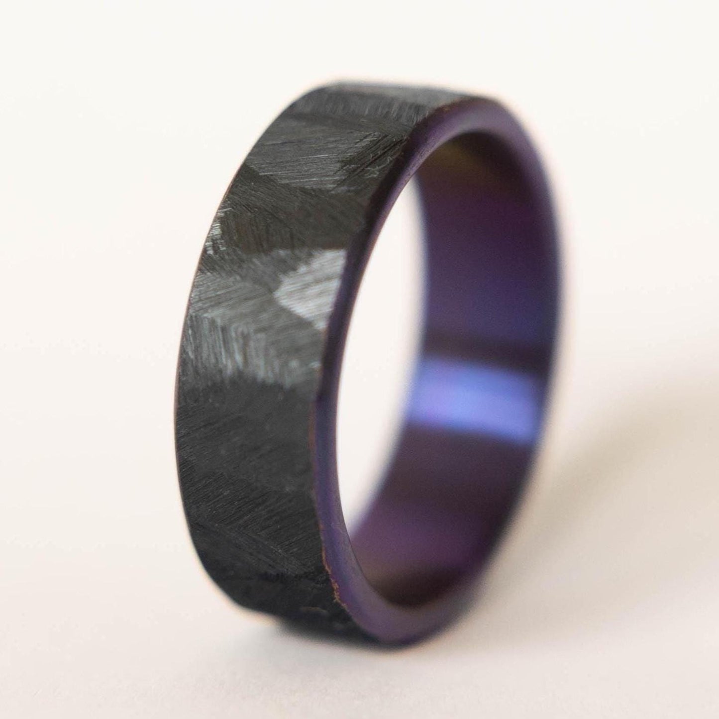 Distressed Black Zirconium Handcrafted Wedding Band, Anodized Violet Interior, Mens Black Wedding Band, Mens Black Ring, Unique Purple Ring