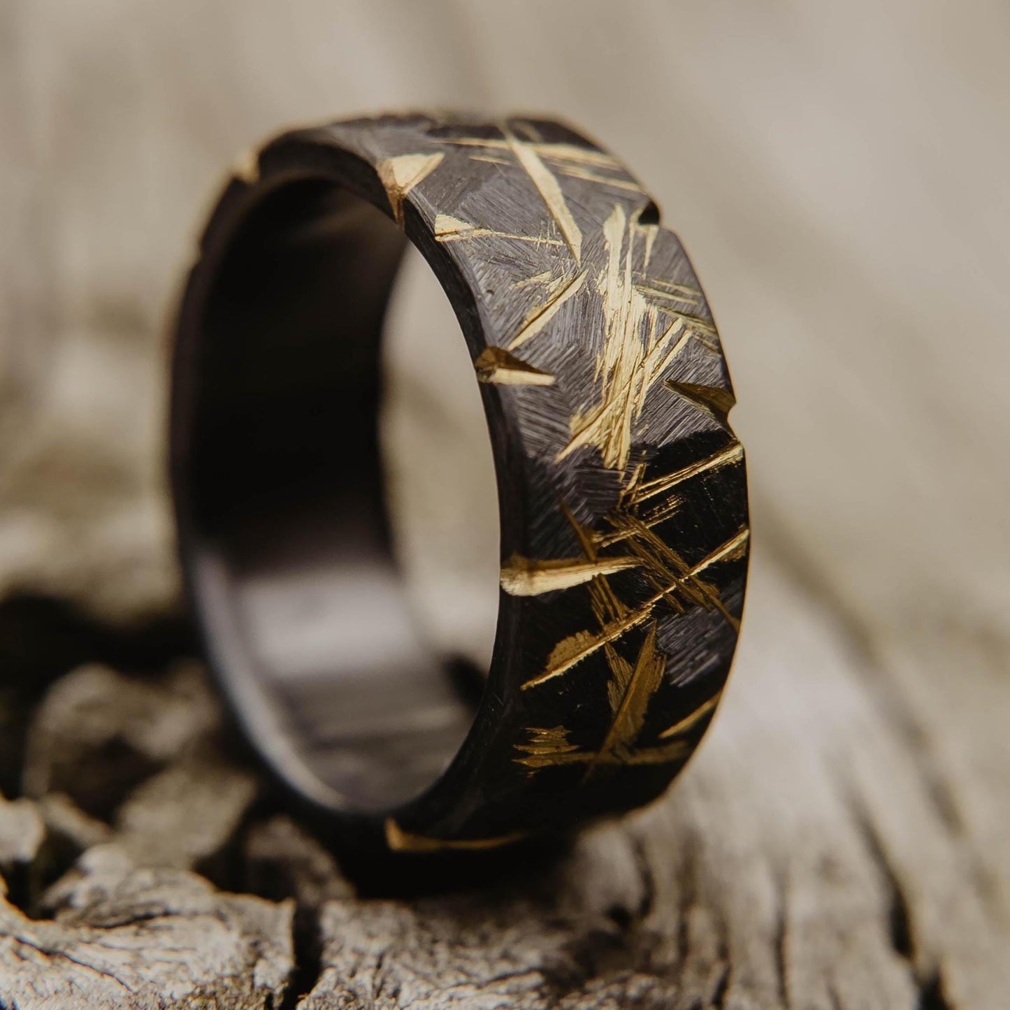 Distressed Black Zirconium Wedding Band with Anodized Gold