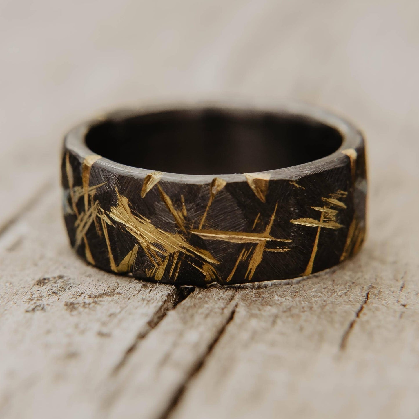 Distressed Black Zirconium Wedding Band with Anodized Gold