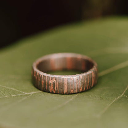 Superconductor wedding band. This photo shows an etched titanium-niobium and copper striped ring. (Horizontal with leaf background)