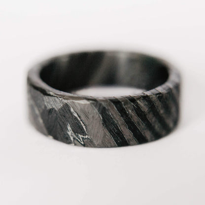 Distressed Black Zirconium and Titanium Damascus Wedding Band. Black and Gray Ring. (Horizontal with white background)