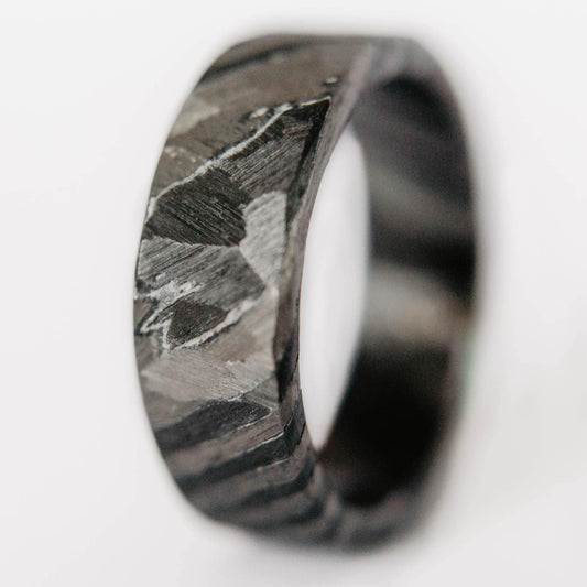 Distressed Black Zirconium and Titanium Damascus Wedding Band. Black and Gray Ring. (Vertical with white background)